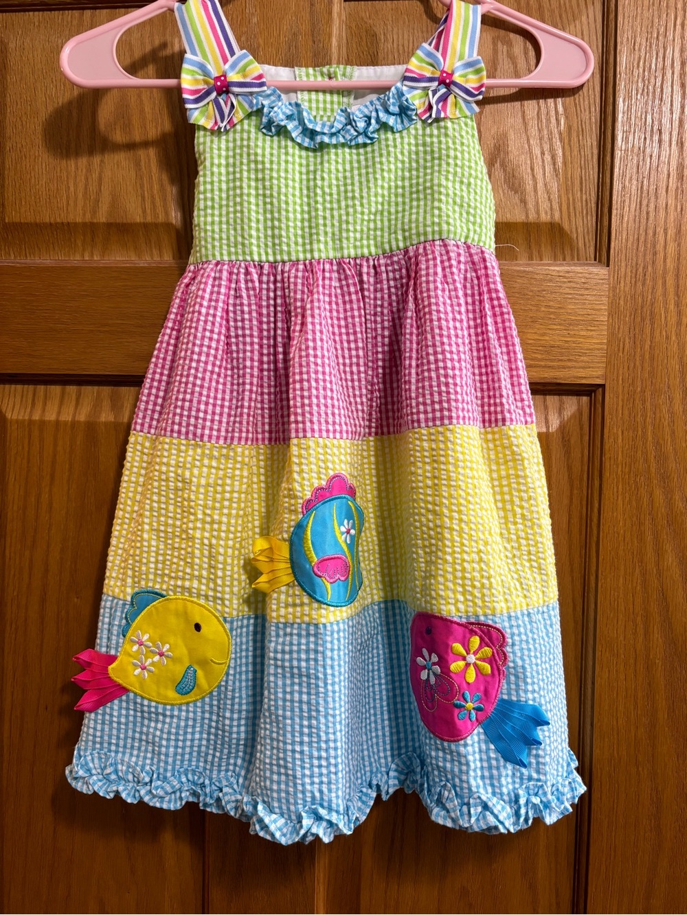 Emily Rose Pink Green Yellow Blue Striped Sundress with Fish Appliques